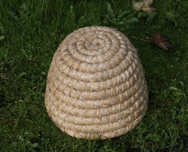 Small domed skep made with purple moor grass leaves and split blackberry